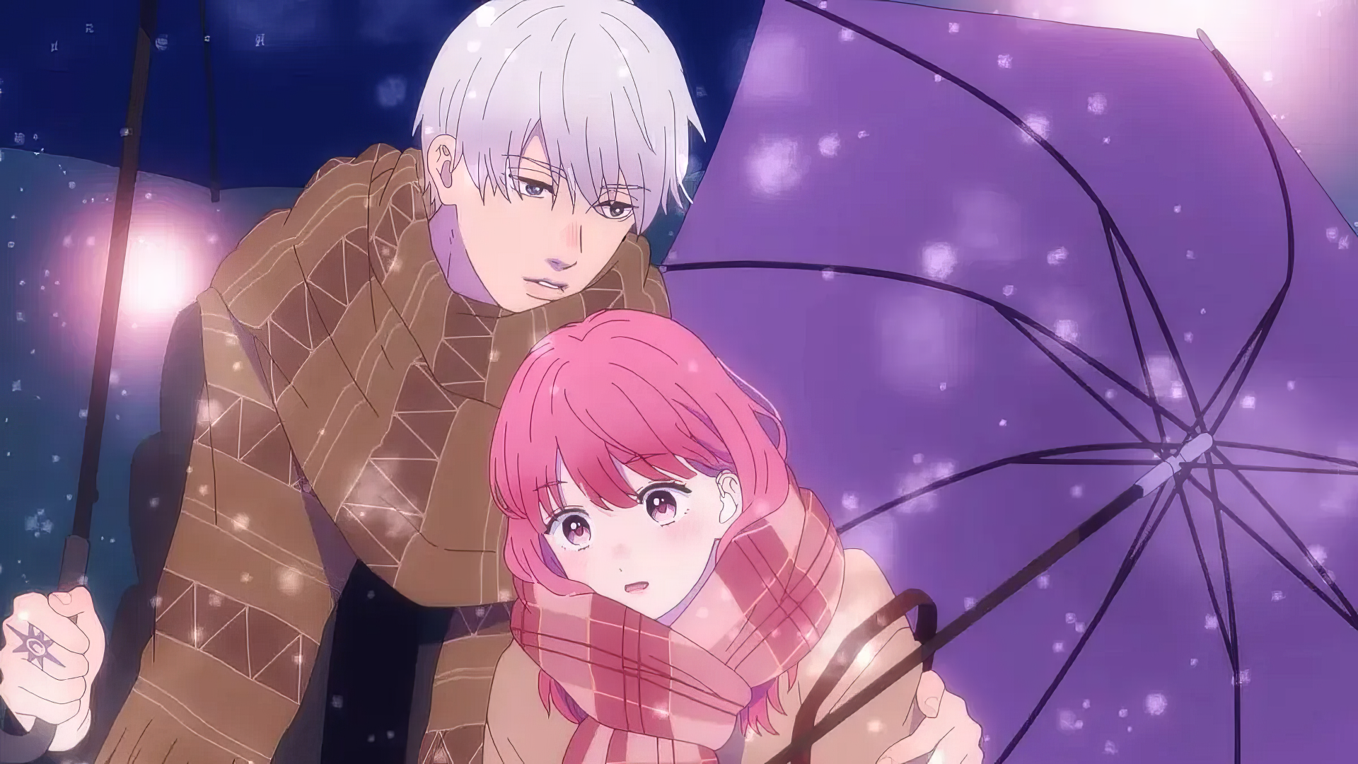HD wallpaper of an anime couple sharing an affectionate moment under a purple umbrella, highlighting a theme of romance and tenderness.