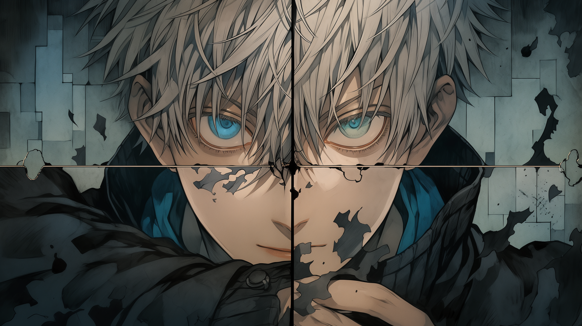 HD desktop wallpaper featuring Satoru Gojo from Jujutsu Kaisen anime with a cracked glass effect.