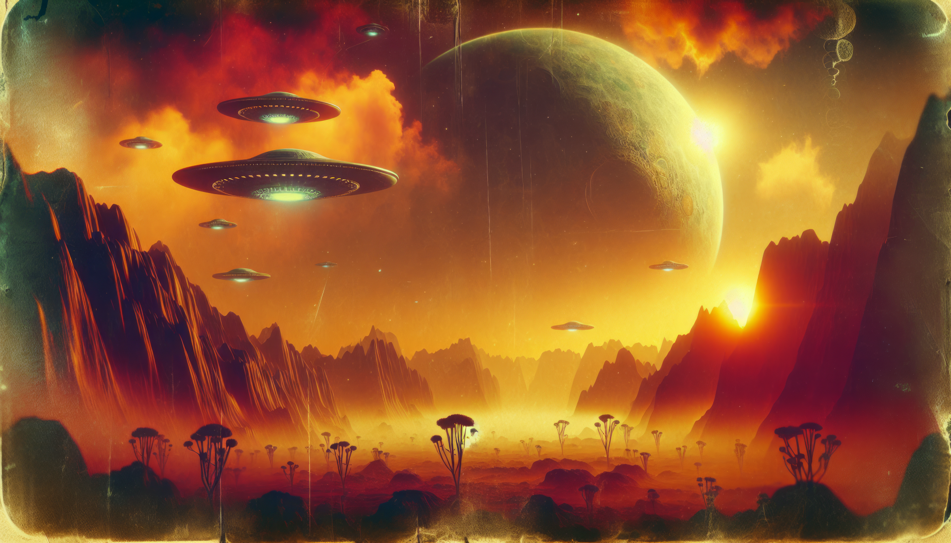 HD desktop wallpaper featuring a dramatic extraterrestrial landscape with UFOs and a large, looming planet.