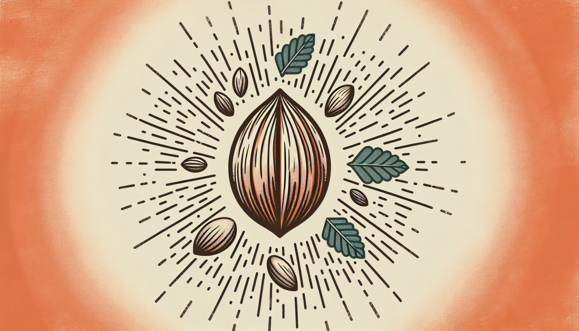 HD desktop wallpaper with a stylized illustration of an almond center surrounded by rays and leaves on an orange gradient background.