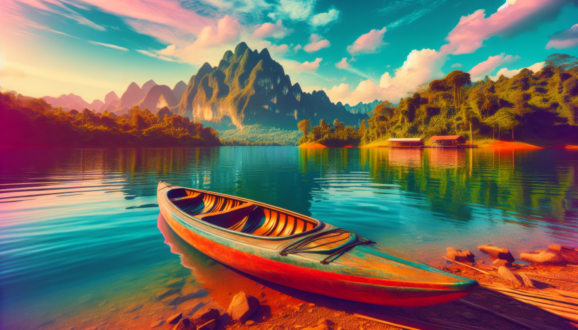 Vibrant HD desktop wallpaper featuring a serene kayak on a calm lake with majestic mountains in the background.