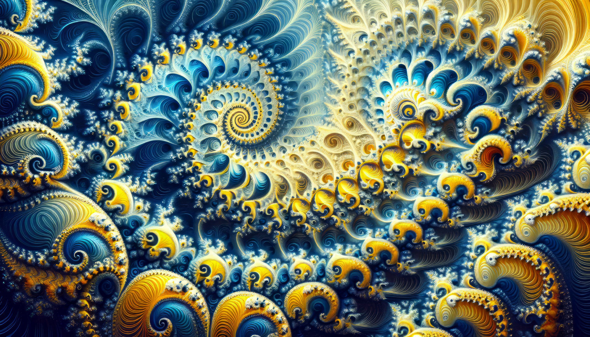 HD Julia Set fractal wallpaper featuring intricate blue and gold spiral patterns for desktop background.