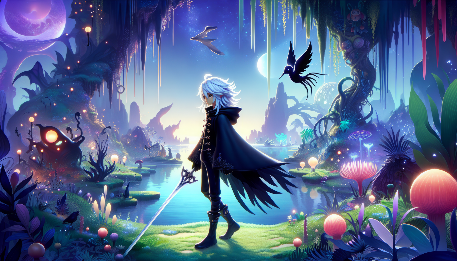 A vibrant HD desktop wallpaper featuring Sephiroth from Final Fantasy, standing in a mystical landscape filled with flora and fauna, illuminated by surreal colors and lighting.