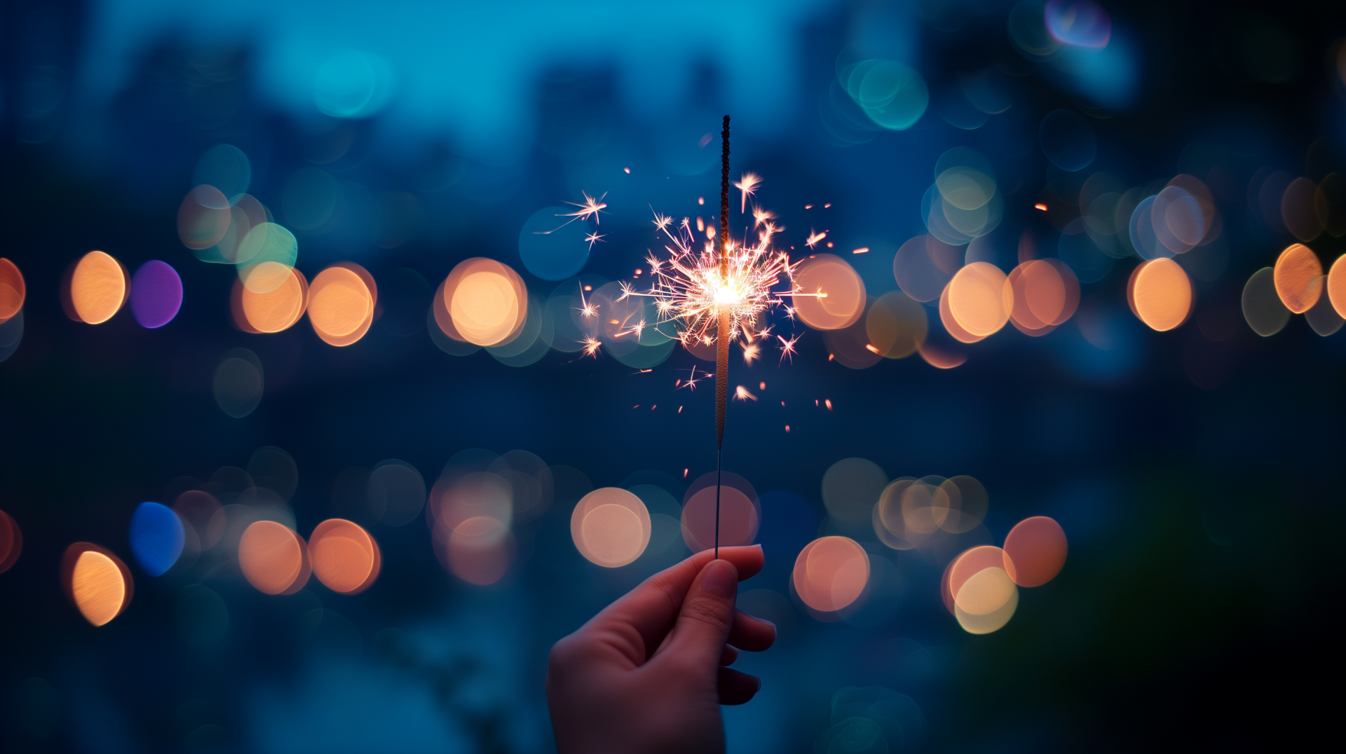 A hand holding a sparkler illuminates the night, surrounded by shimmering bokeh lights in the background, creating a captivating HD desktop wallpaper.