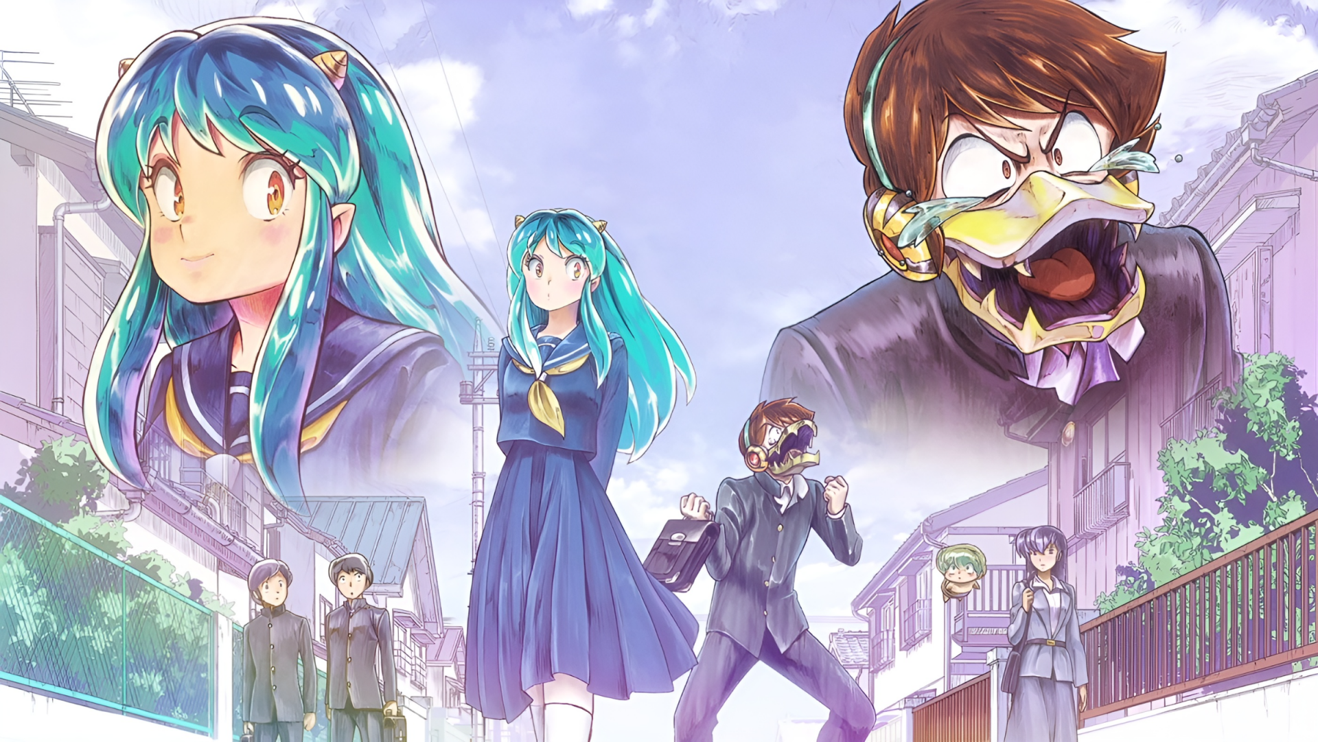 HD PC desktop wallpaper featuring anime characters Lum and Ataru Moroboshi from Urusei Yatsura (2022) with a vibrant cityscape background.