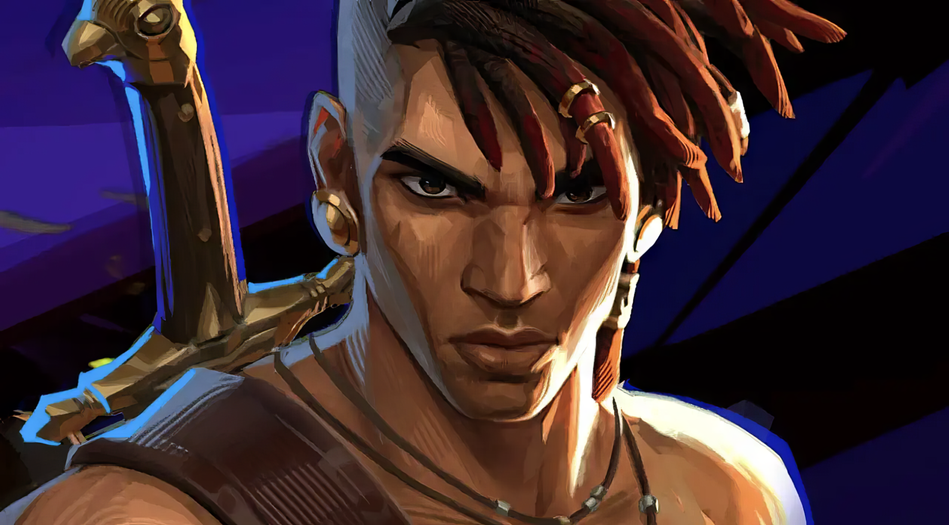 HD desktop wallpaper featuring the protagonist from the video game Prince of Persia: The Lost Crown set against a stylistic blue background.