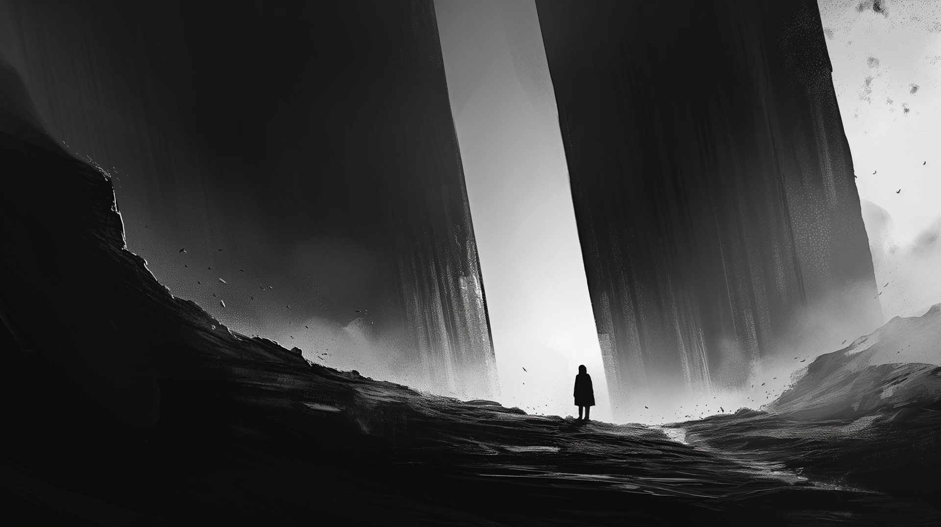 HD dark aesthetic desktop wallpaper featuring a solitary figure standing amid towering monolithic structures with beams of light penetrating the shadows.