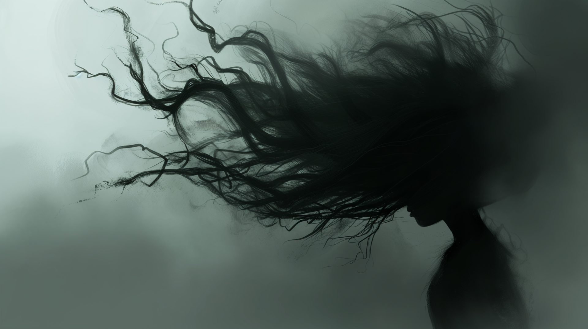 Ethereal silhouette with flowing hair in a dark aesthetic HD desktop wallpaper and background.