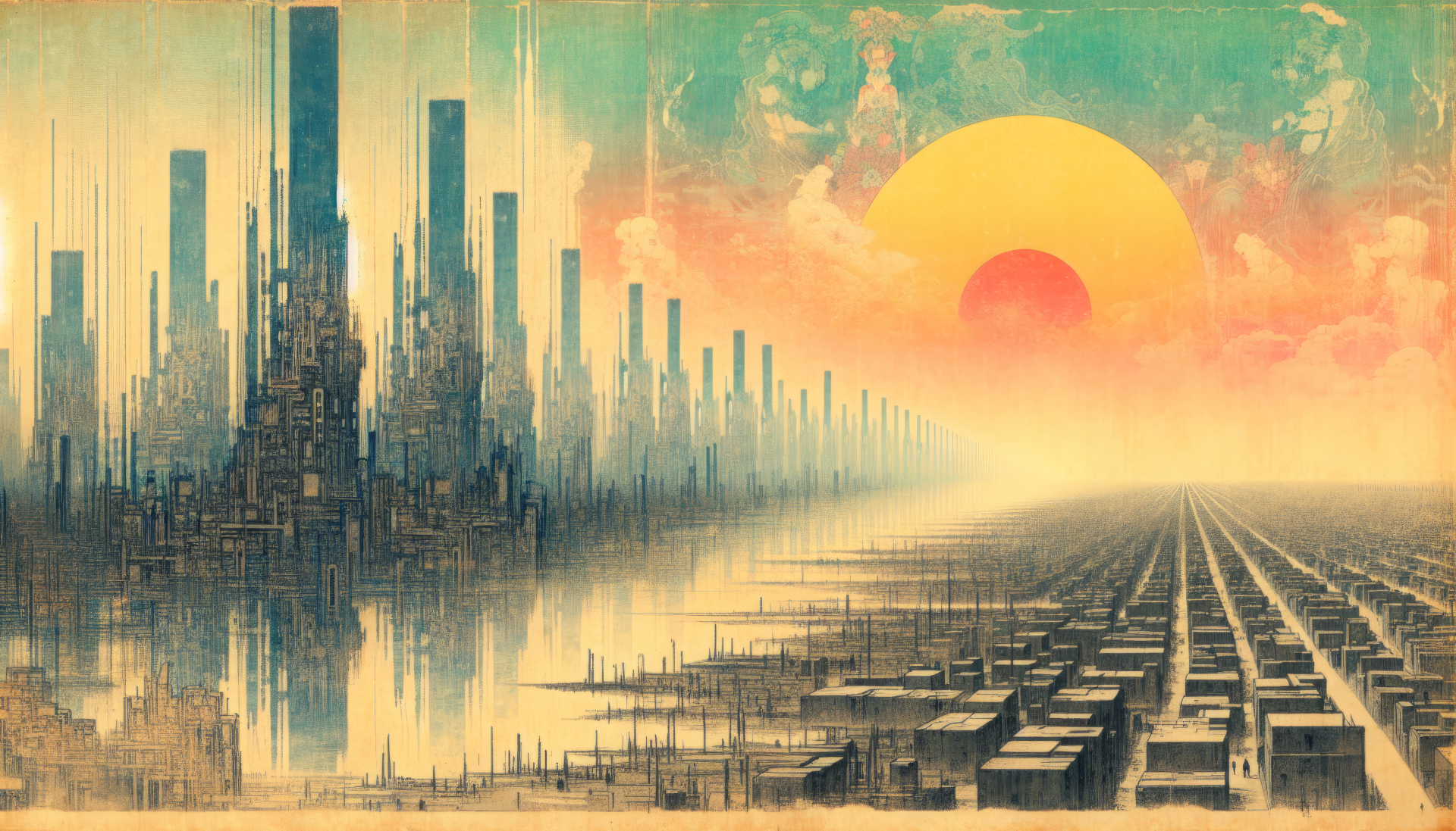 HD wallpaper featuring a dystopian cityscape with towering skyscrapers under an enormous sun setting in a cloudy sky.