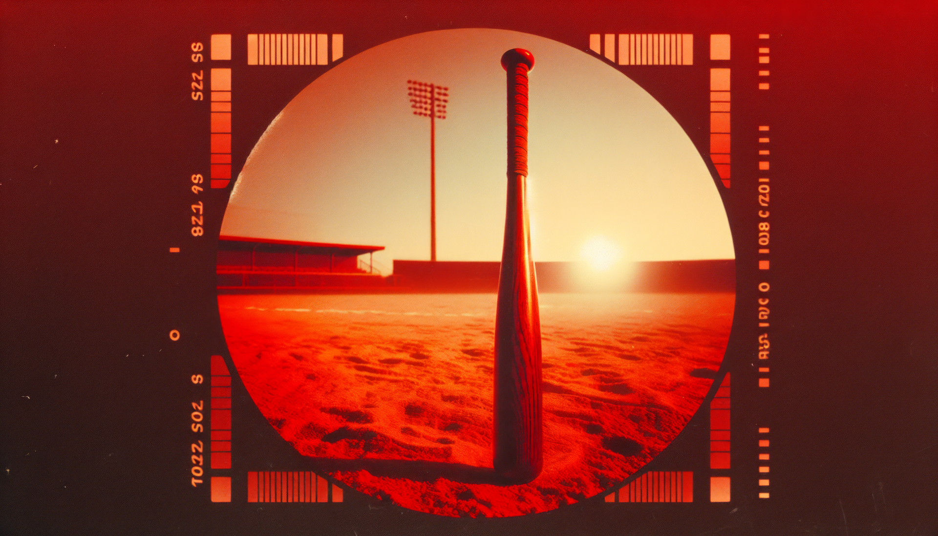 An HD desktop wallpaper featuring a baseball bat set against a sunset, surrounded by a circular film frame, capturing the essence of the sport.
