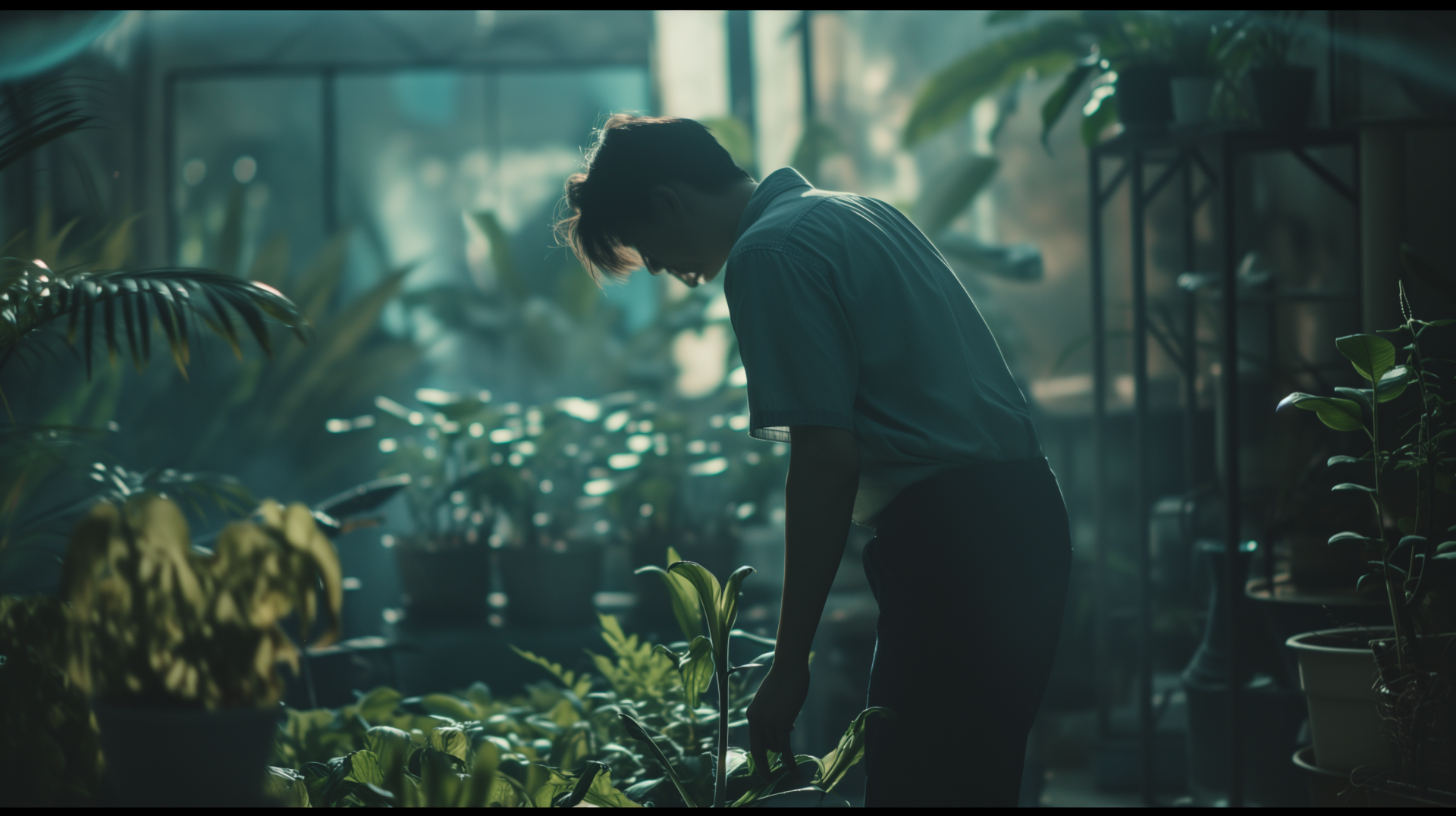 A person tending to greenery in a serene greenhouse, with sunlight illuminating the lush plants, creating a calming atmosphere. A perfect HD desktop wallpaper for gardening enthusiasts.