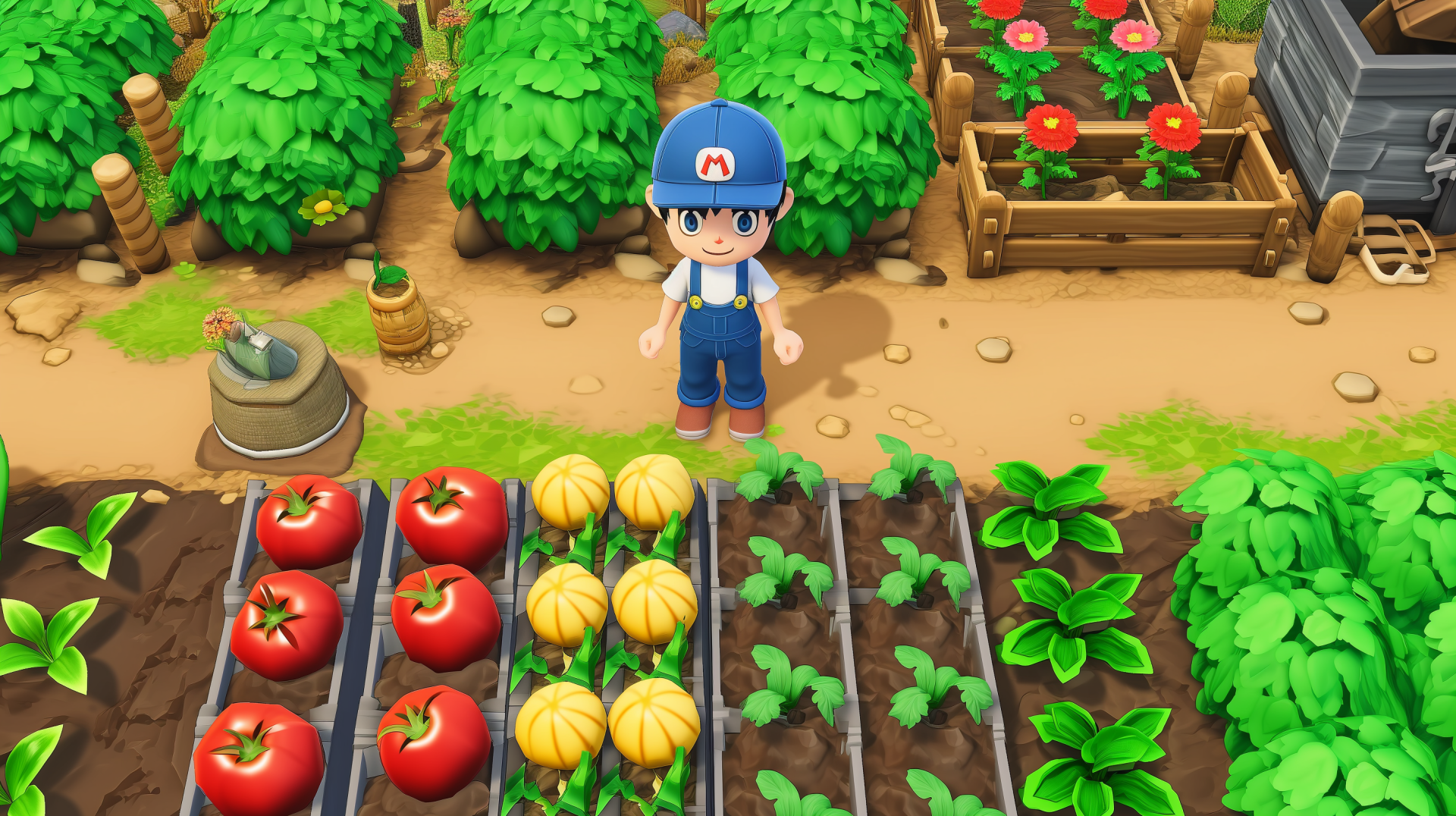 Video game character with a blue cap standing in a vibrant virtual garden with ripe tomatoes, pumpkins, and lush plants for HD desktop wallpaper background.