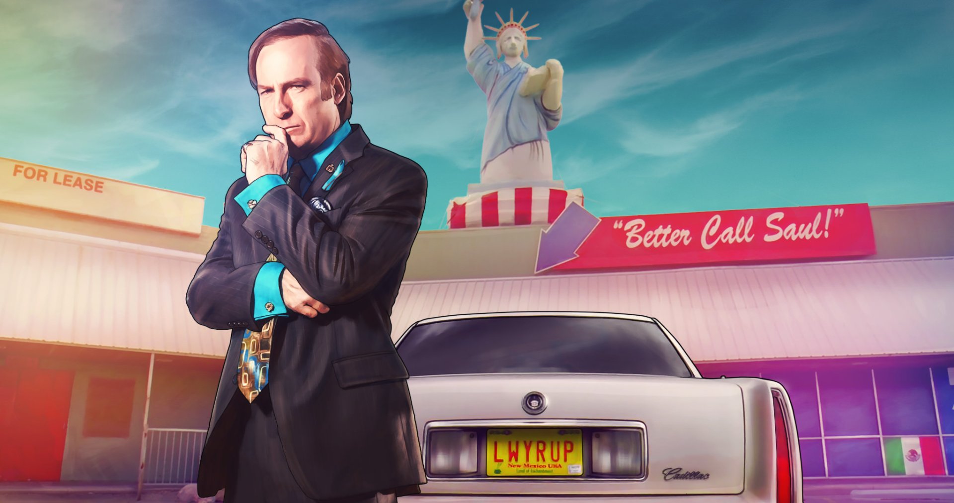 HD PC desktop wallpaper featuring the TV show Better Call Saul with Saul Goodman standing thoughtfully beside a car and the Statue of Liberty replica in the background.