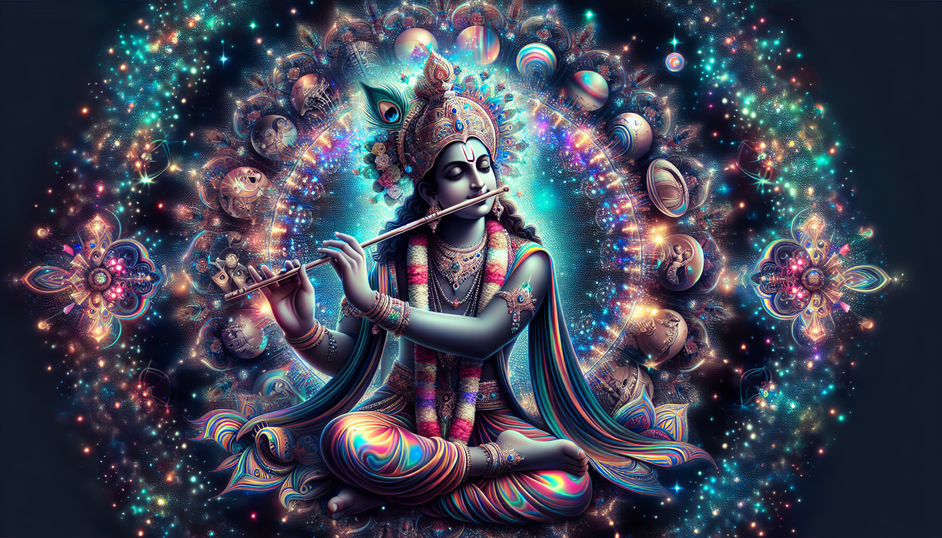 HD desktop wallpaper of Lord Krishna playing the flute with a vibrant cosmic background
