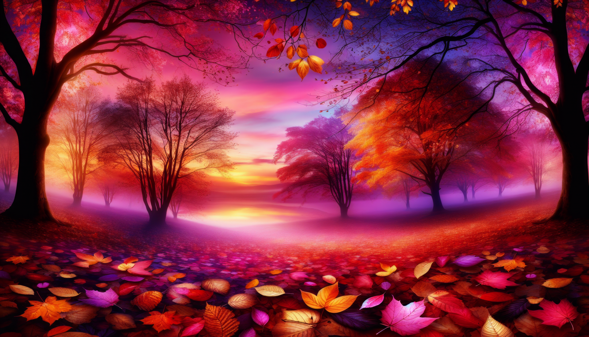 Autumn sunset landscape with colorful falling leaves and trees silhouette for HD desktop wallpaper background.