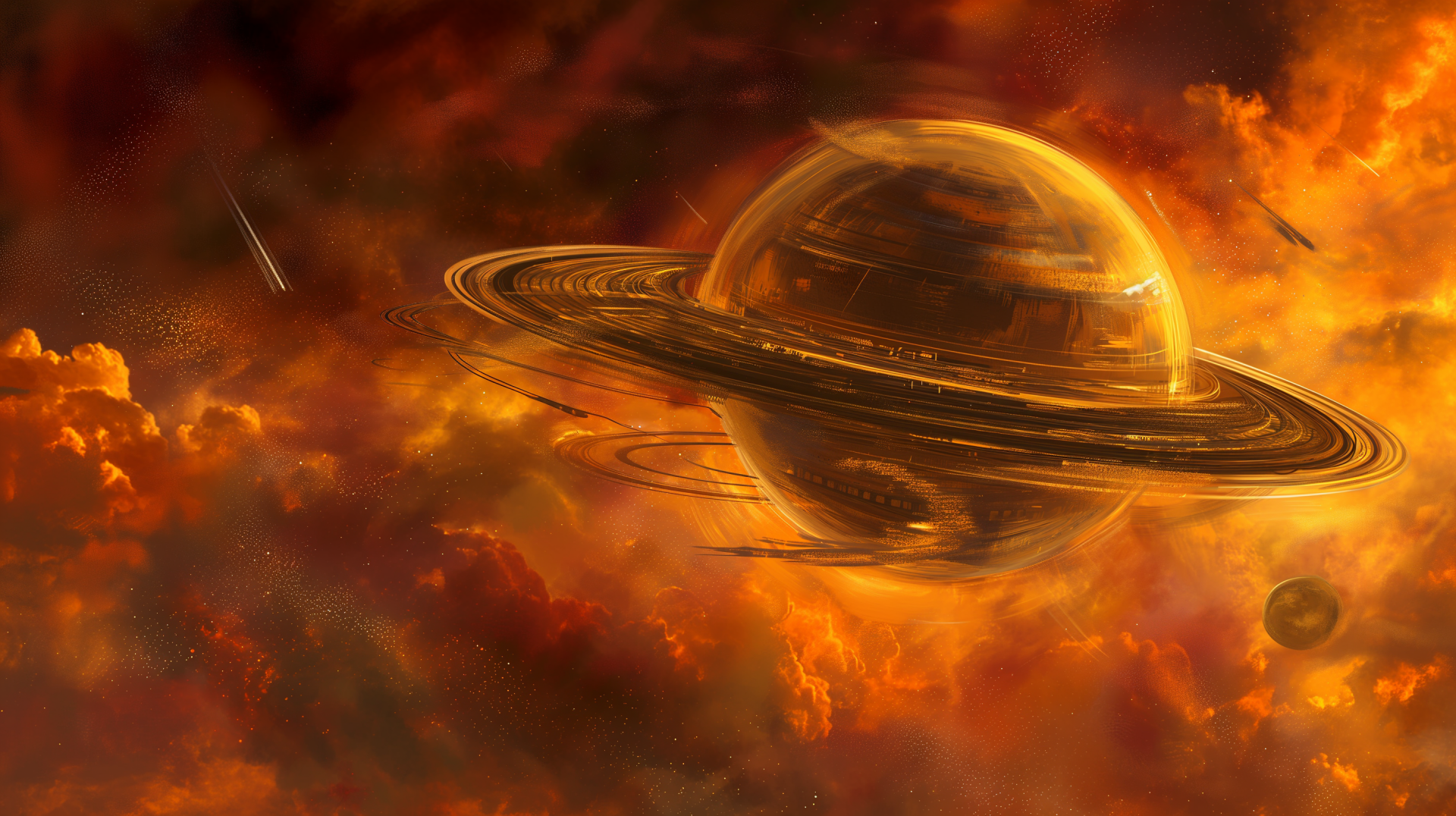 A vibrant gas giant planet surrounded by rings, set against a dramatic, fiery cosmic backdrop, creating a stunning sci-fi wallpaper for your desktop.