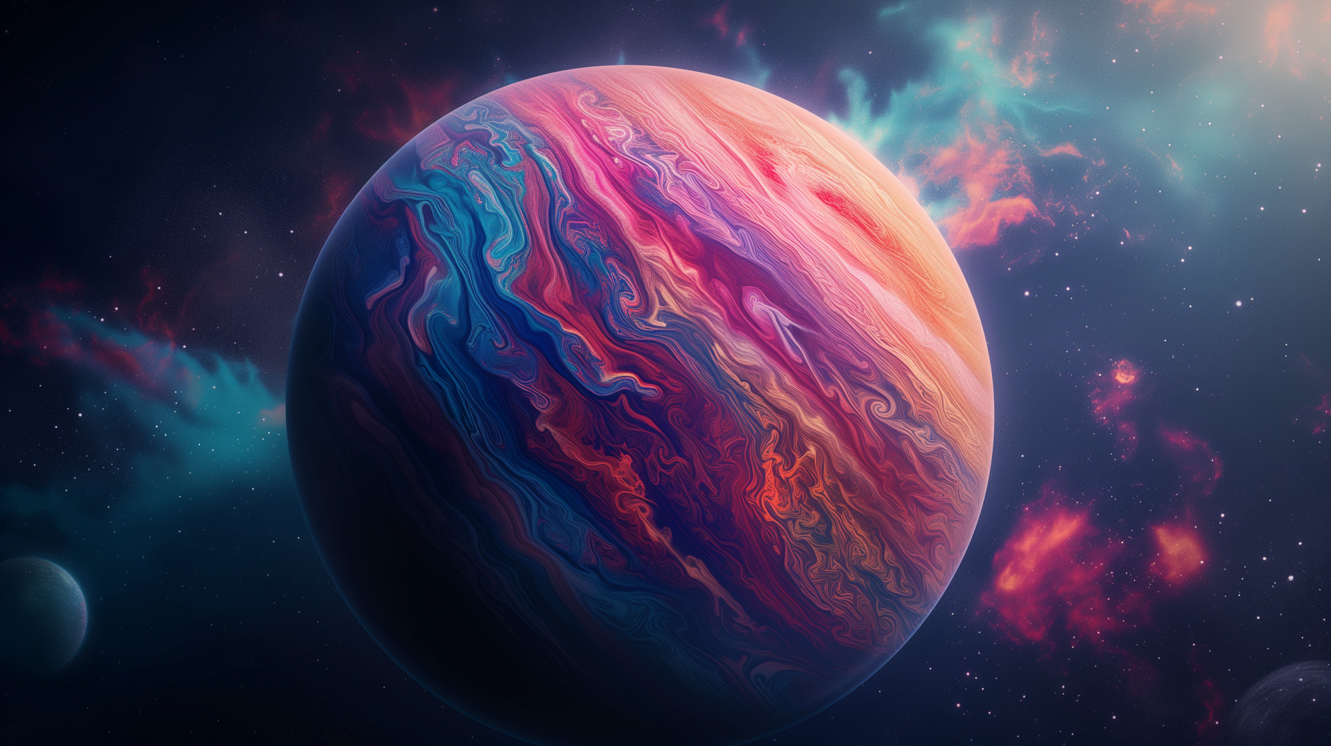 HD wallpaper of a vibrant gas giant planet with swirling colors, set against a starry sci-fi cosmic background.
