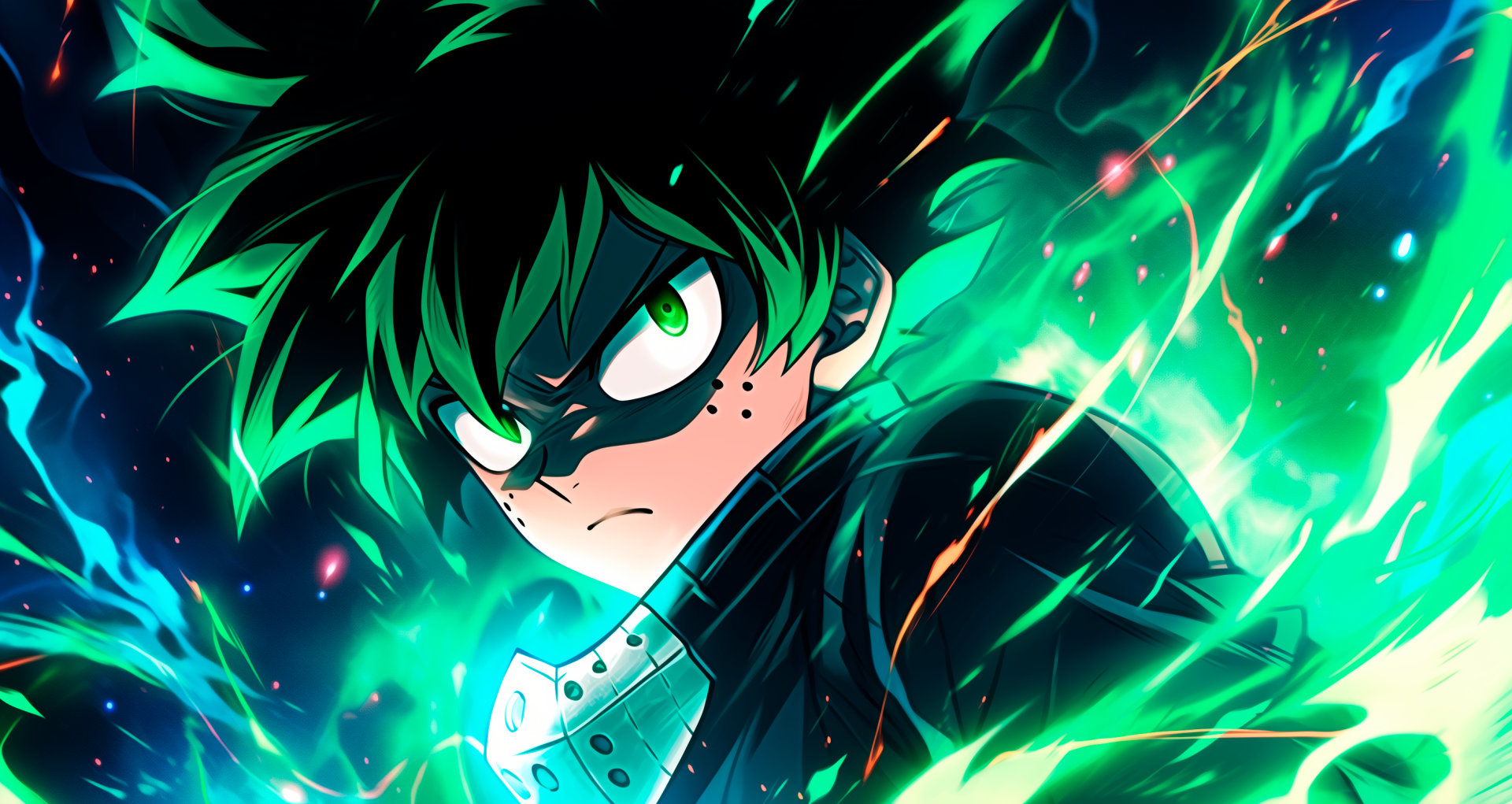 High-definition wallpaper featuring Izuku Midoriya from My Hero Academia, showcasing a dynamic pose surrounded by green and blue energy effects.