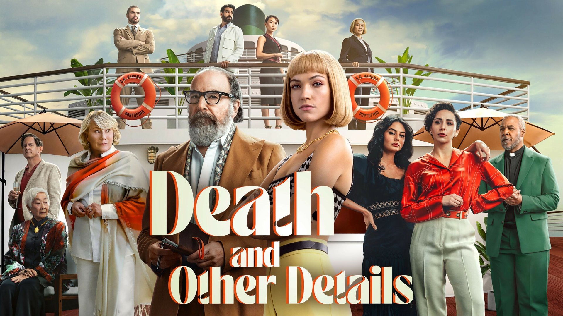 HD desktop wallpaper featuring characters from the TV show Death and Other Details posed on a boat deck.