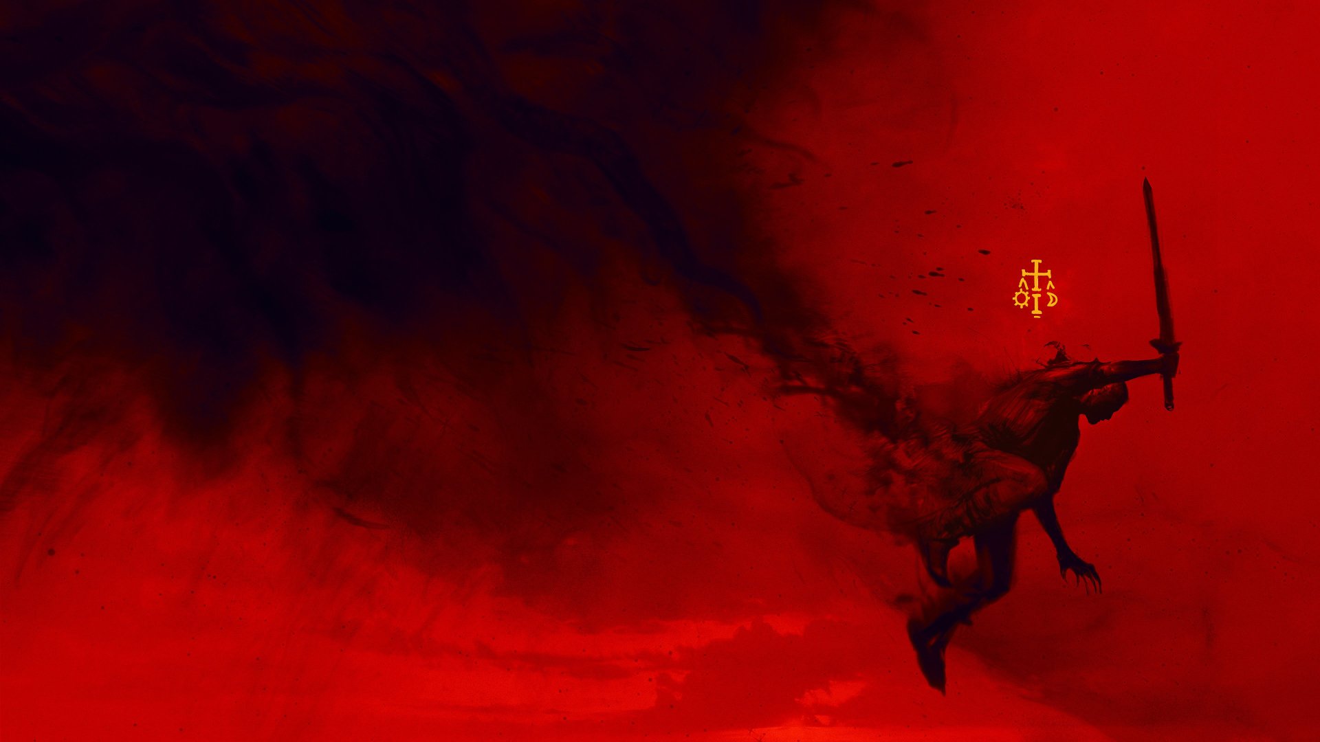 4K Ultra HD PC desktop wallpaper: dark fantasy scene in red and black — a shadowy warrior with a sword casting smoky magic across a blood-red sky.