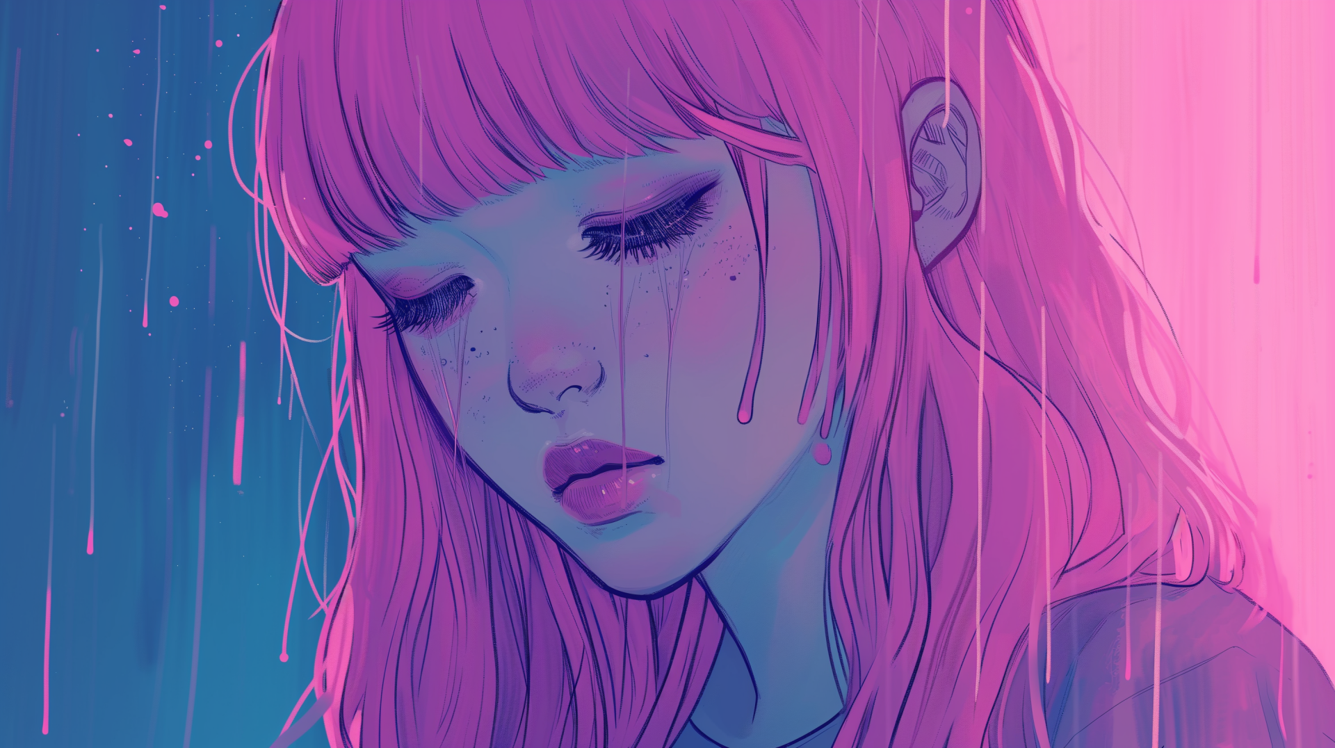 HD wallpaper of a sad lofi girl with a pink and blue color scheme for desktop background.