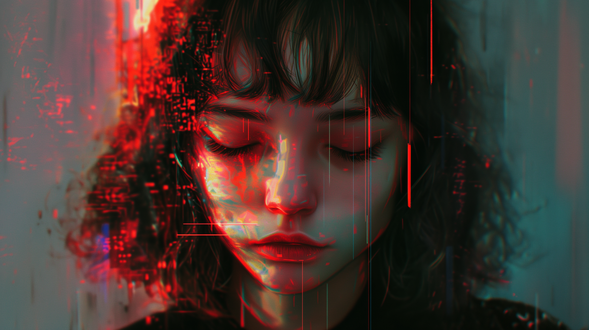HD desktop wallpaper featuring a sad lofi girl with a glitch art style effect.