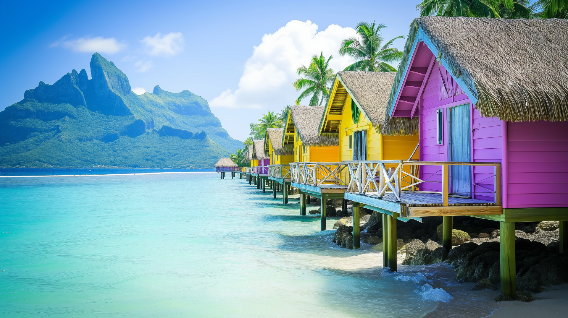 HD wallpaper of colorful overwater bungalows on a tropical beach, embodying a dream vacation destination.