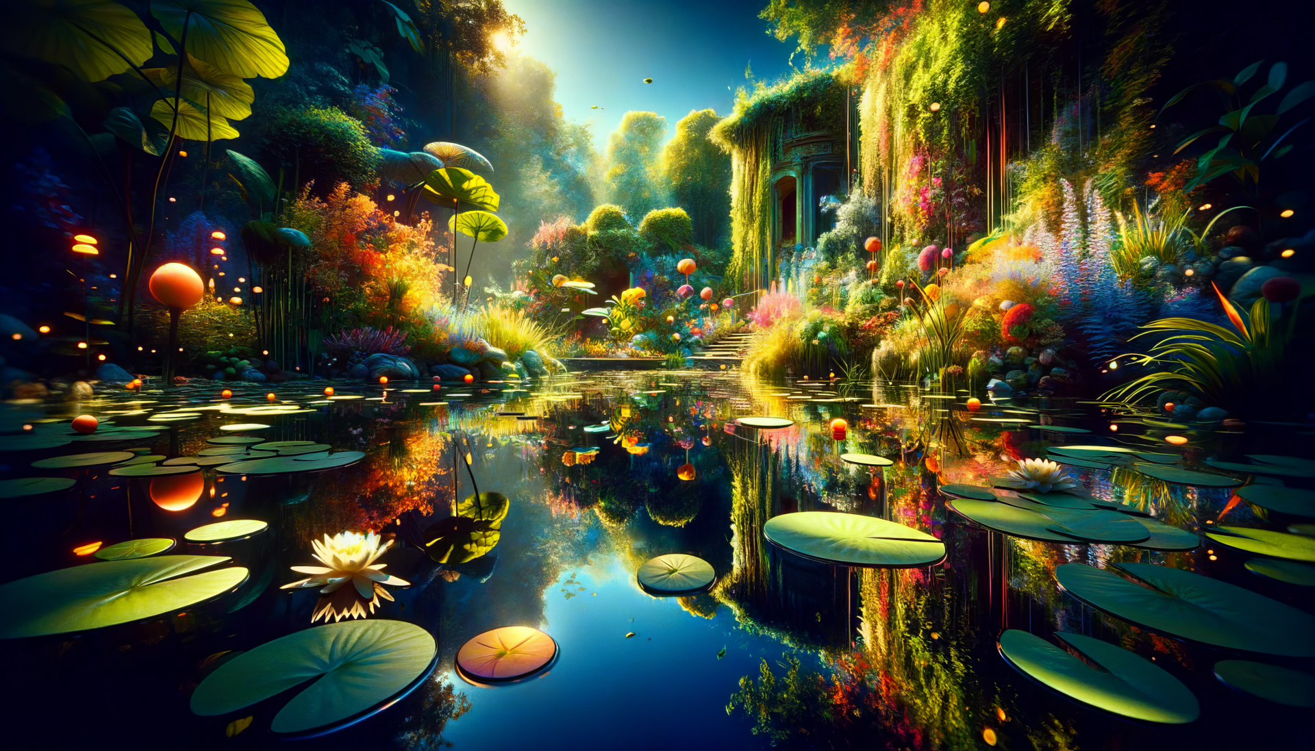 Enchanting HD wallpaper of a water garden with lily pads and vibrant foliage for desktop background.