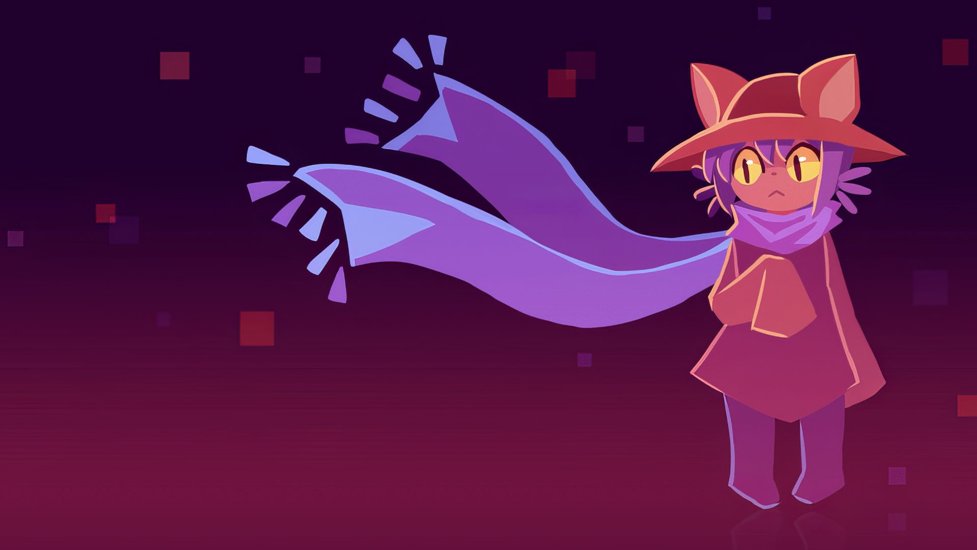 HD desktop wallpaper featuring Niko from the OneShot video game with a glowing scarf on a purple background.