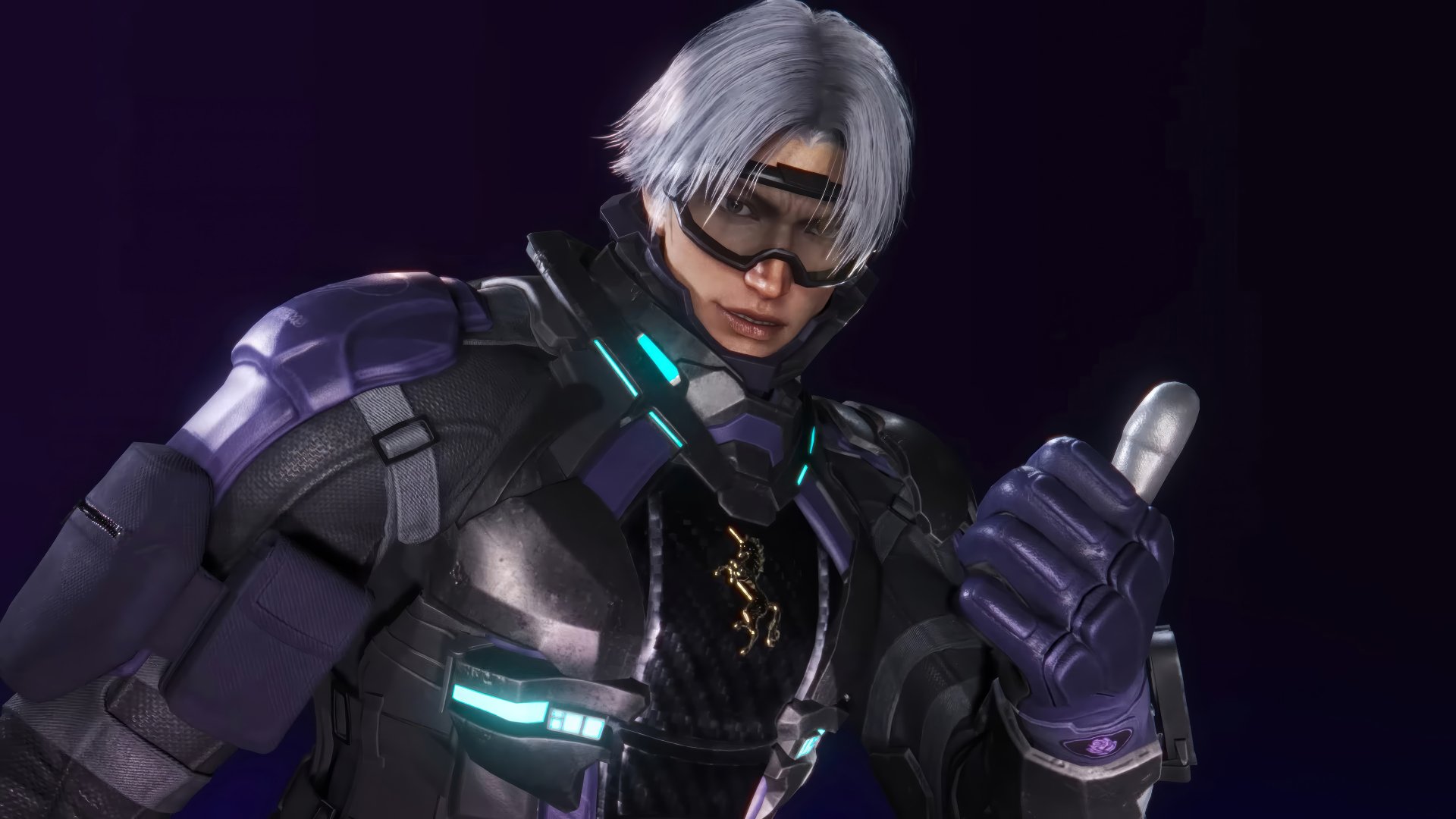 HD Wallpaper of Lee Chaolan from Tekken 8, featuring the character in a dynamic pose with a dark purple background.