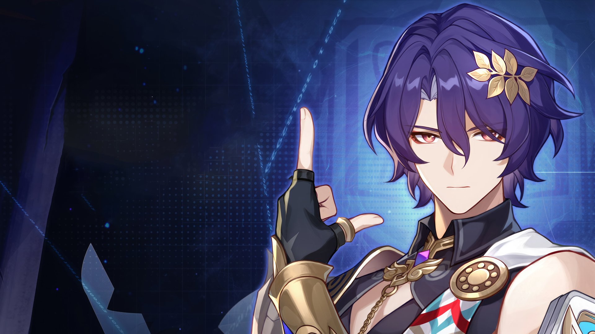An HD wallpaper featuring Dr. Ratio from Honkai: Star Rail, showcasing the character with striking purple hair and a confident pose against a dynamic background.