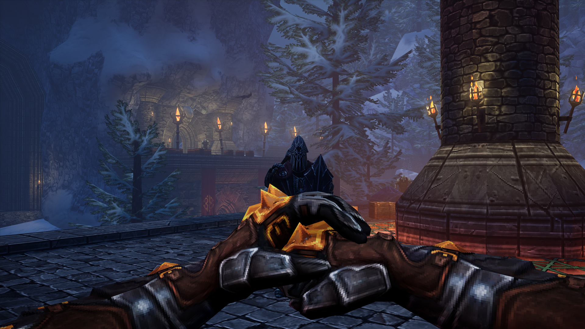 HD desktop wallpaper featuring a first-person view from the video game Graven, with gloved hands holding a weapon and a mystical snowy backdrop with torches and a dark figure.