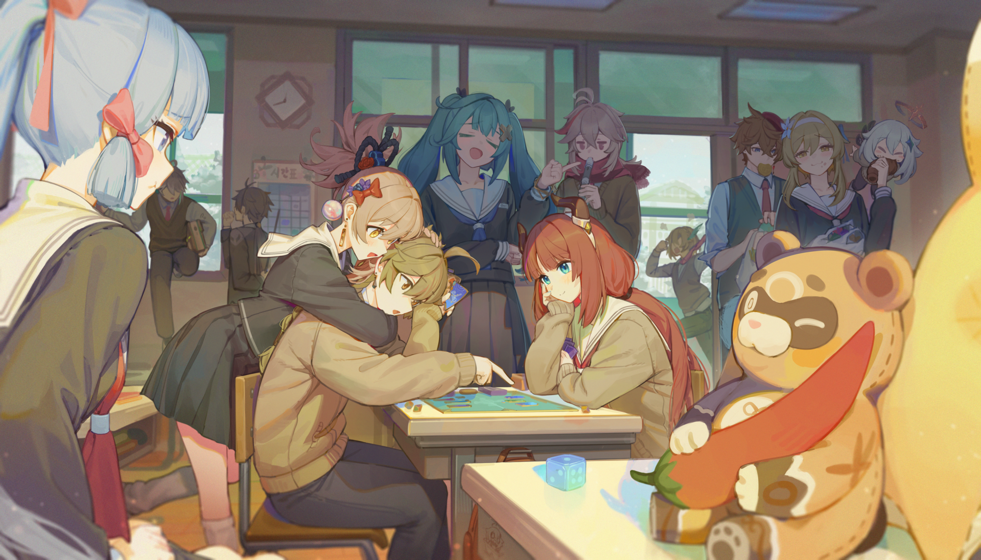 HD PC desktop wallpaper featuring Genshin Impact characters Al-haitham, Zhongli, Kamisato Ayaka, and Yoimiya in a cozy classroom setting.
