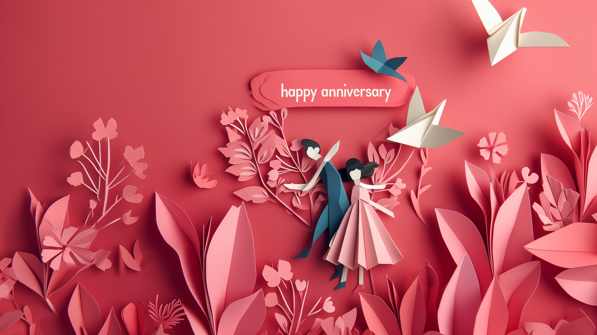 Happy Anniversary HD wallpaper featuring a stylized couple and floral paper art design on a vibrant red background.