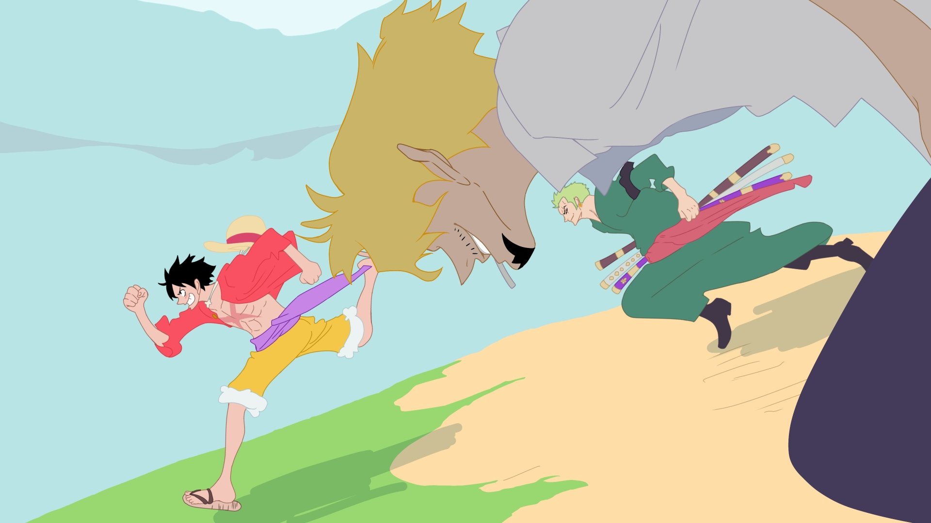 Anime-style 4K Ultra HD wallpaper featuring One Piece characters Monkey D. Luffy, Sanji, and Roronoa Zoro in dynamic action poses.