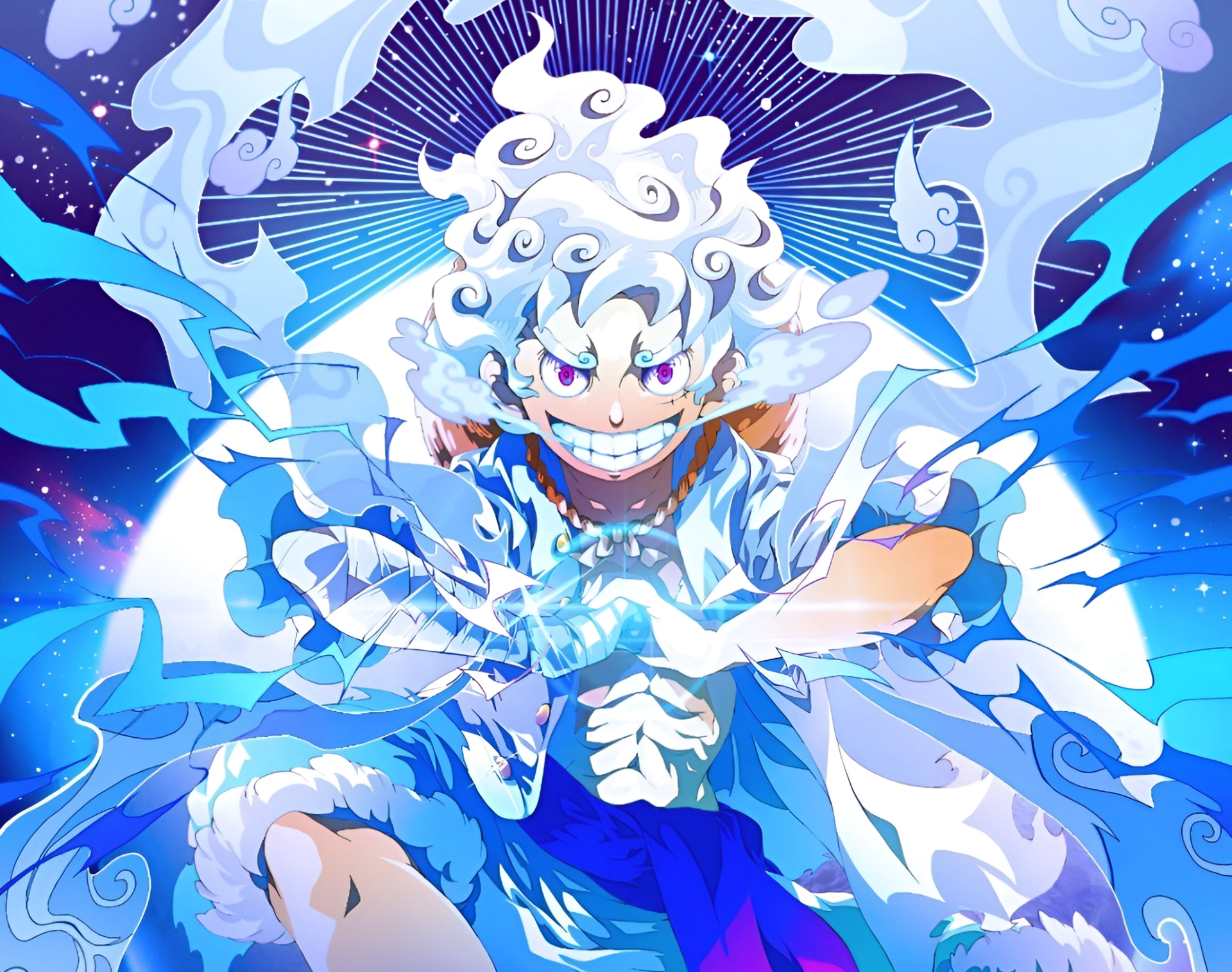 HD anime desktop wallpaper featuring Monkey D. Luffy in Gear 5 form from One Piece, surrounded by vibrant blue energy and dynamic swirling effects.