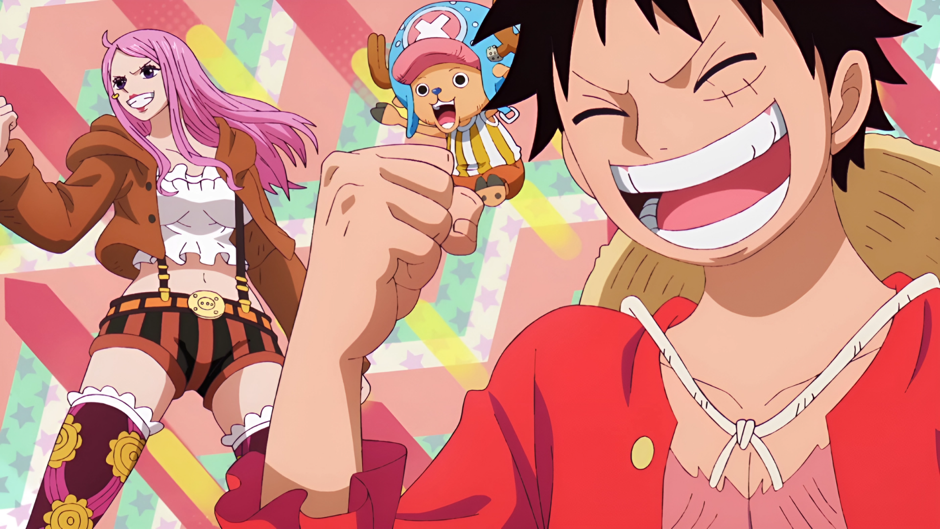 HD PC desktop wallpaper featuring Anime One Piece characters Jewelry Bonney, Monkey D. Luffy, and Tony Tony Chopper with vibrant colors and dynamic poses.