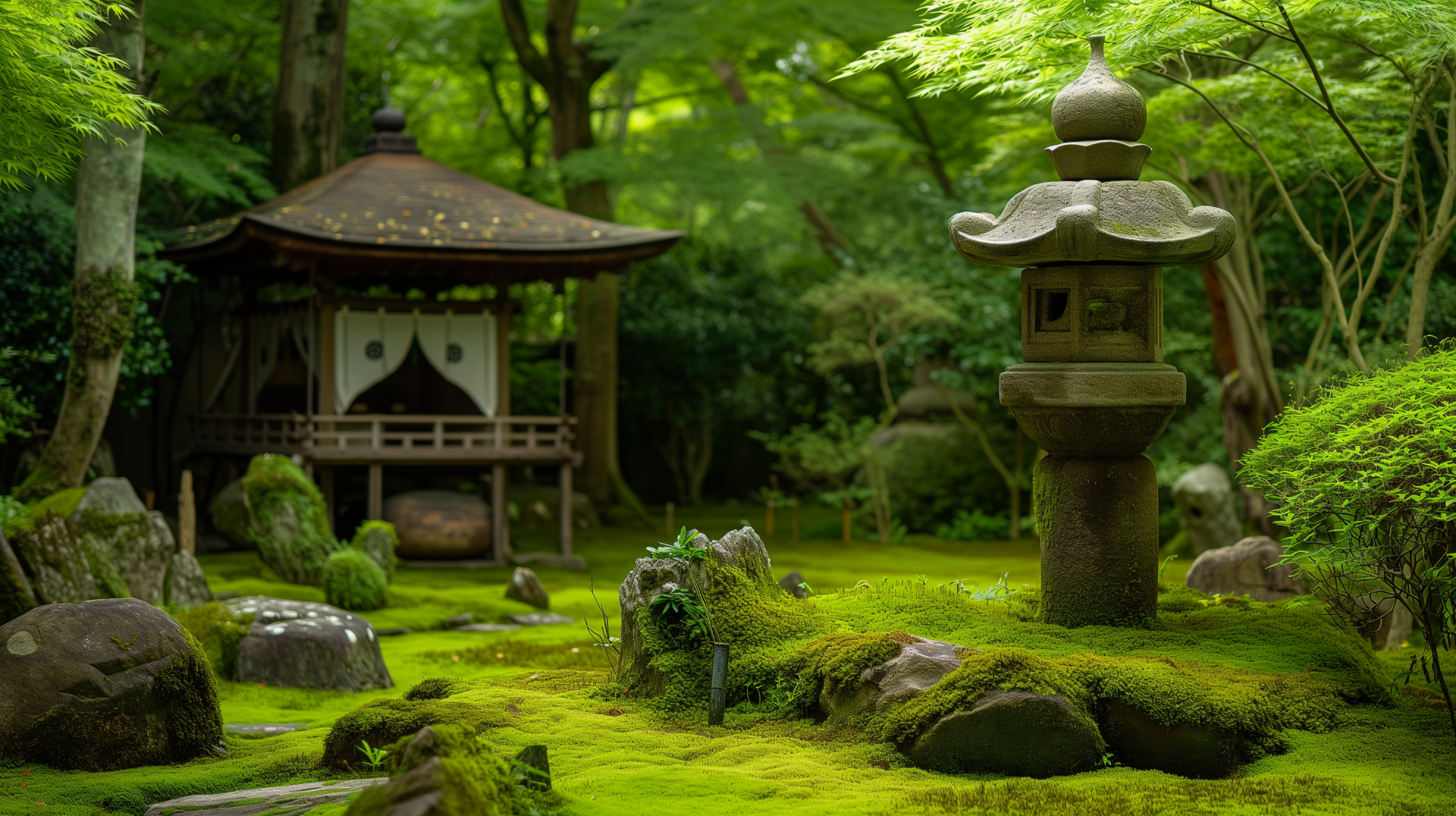 HD desktop wallpaper of a serene moss garden with a traditional stone lantern and gazebo surrounded by vibrant greenery.