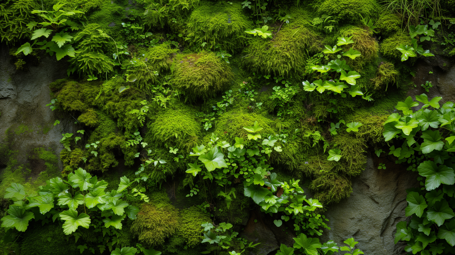 Lush green moss and ferns create a vibrant wall of greenery, providing a tranquil, nature-inspired backdrop for HD desktop wallpapers and backgrounds.