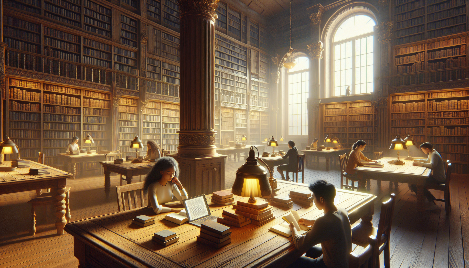 HD desktop wallpaper featuring students studying in a sunlit, classical library with books and lamps on the tables for a focused academic atmosphere.