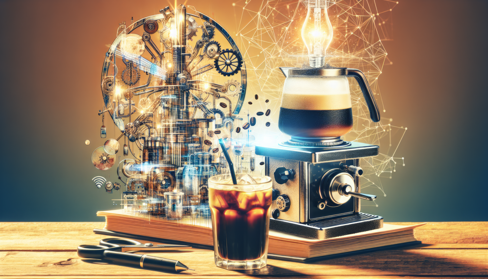 HD desktop wallpaper featuring a steampunk-inspired cold brew coffee setup with a siphon coffee maker, a glass of cold brew, and intricate mechanical gears in the background.