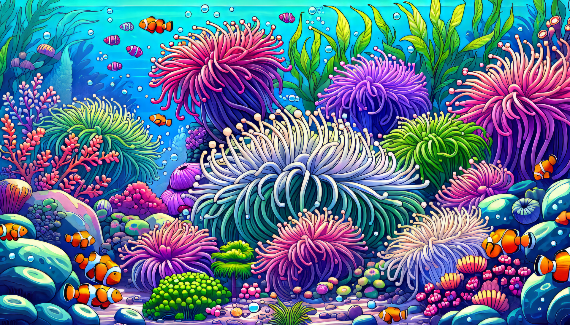 Colorful sea anemones and coral reef HD desktop wallpaper and background.