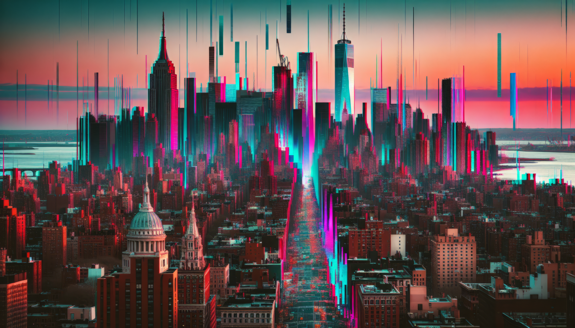 HD New York City skyline desktop wallpaper with a colorful digital glitch effect for a creative background.