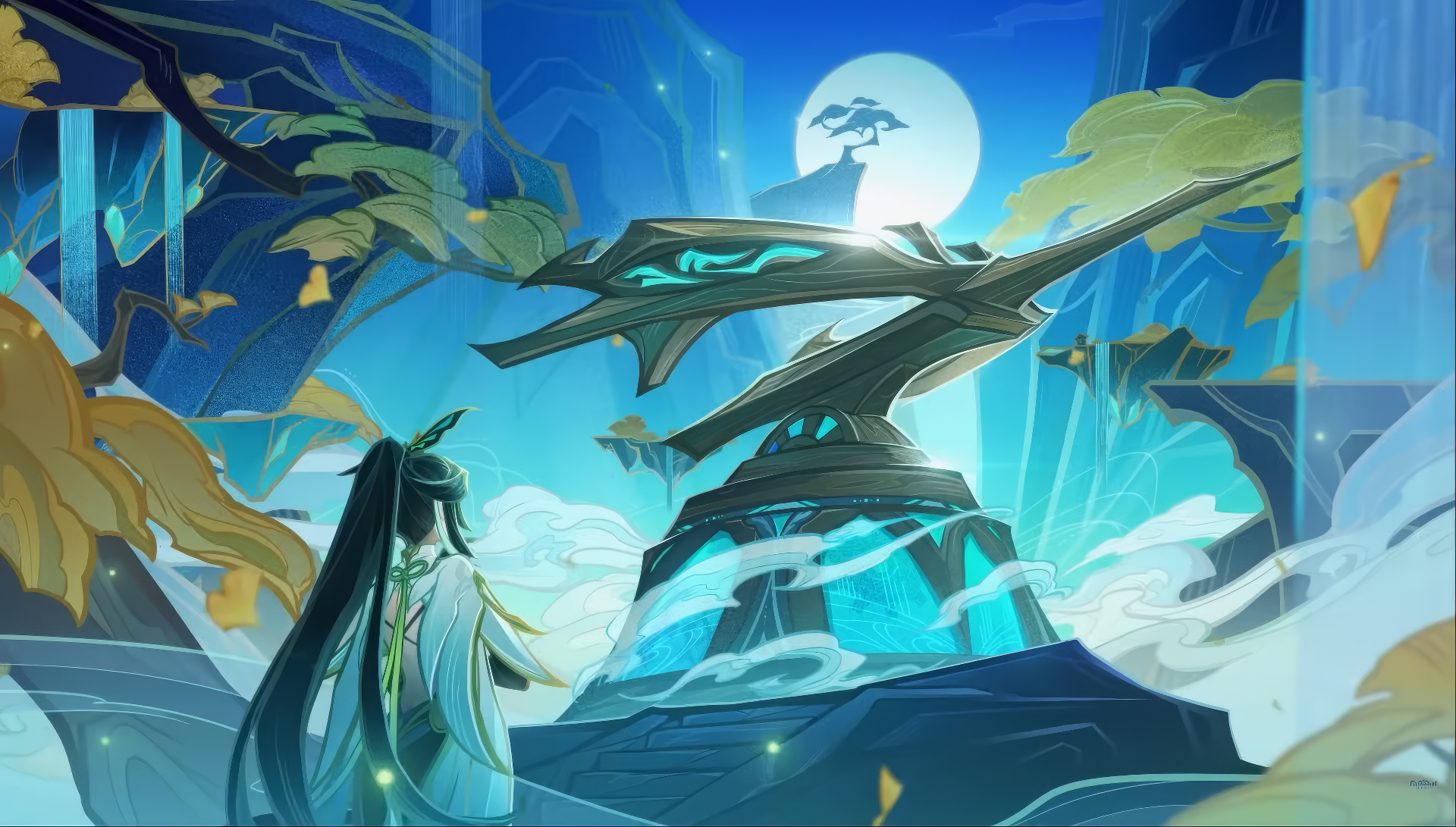 HD desktop wallpaper featuring the character Xianyun from the video game Genshin Impact, set against a stylized backdrop of a mystical structure with vibrant blue tones and golden leaves.