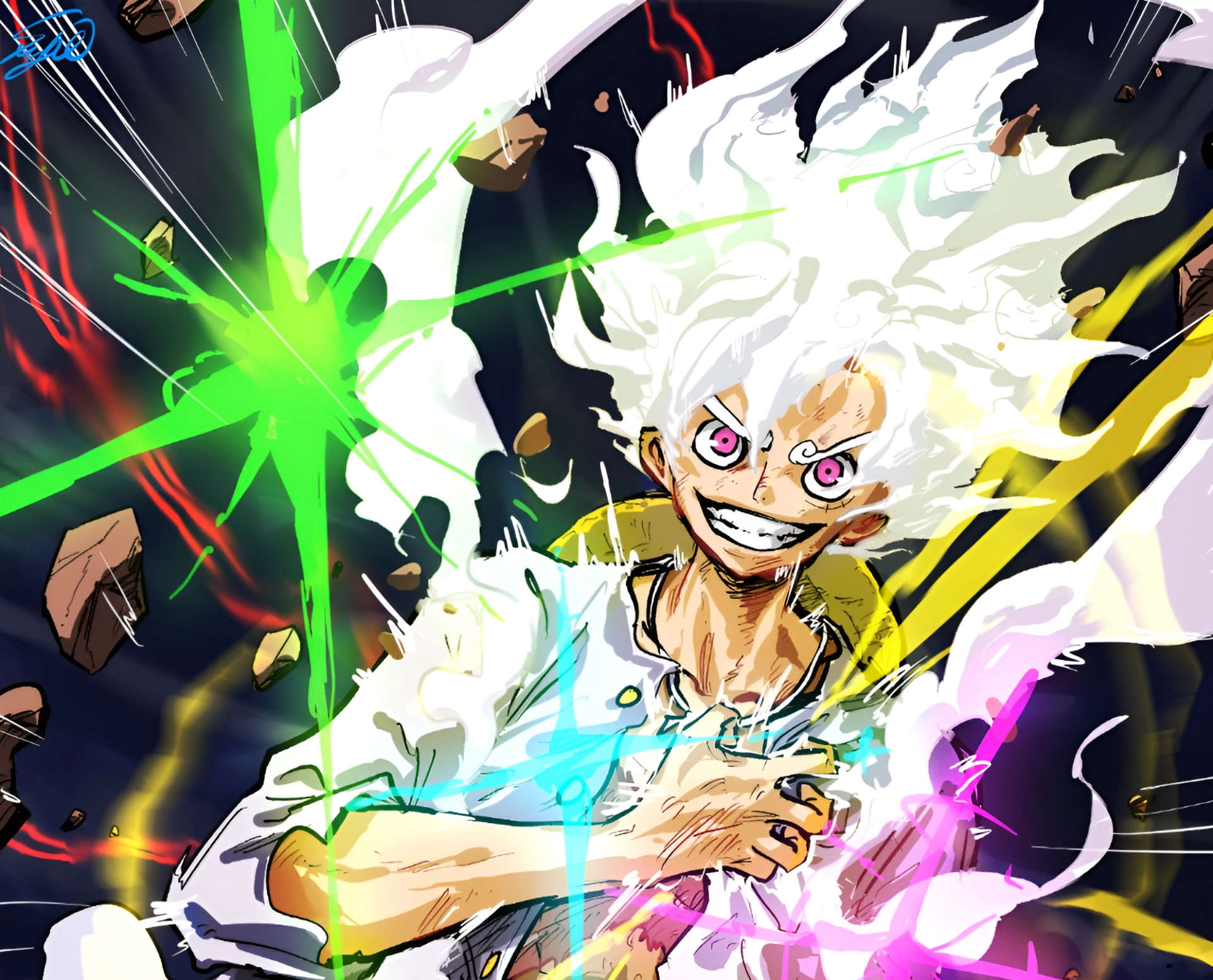 HD anime desktop wallpaper featuring Monkey D. Luffy in Gear 5 form from One Piece, showcasing dynamic energy and vibrant, swirling colors.