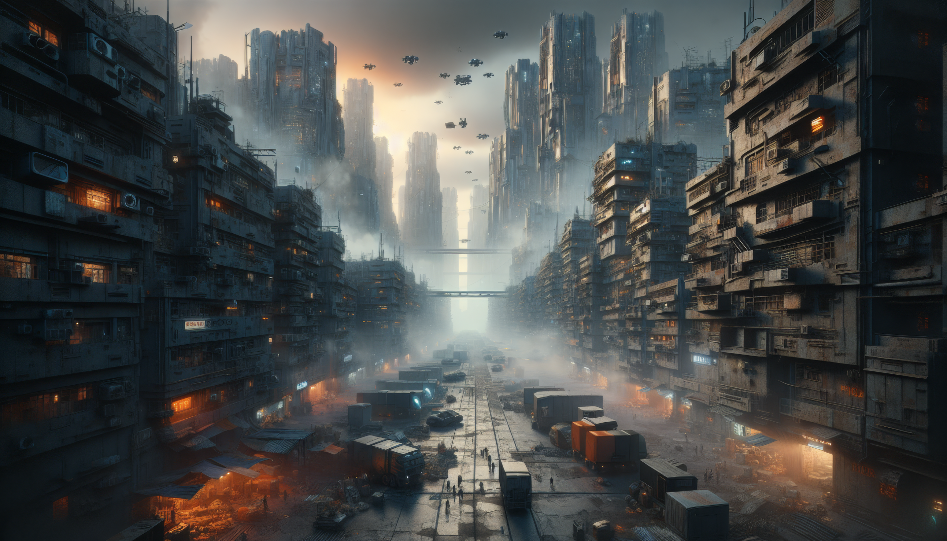 Dystopian cityscape HD wallpaper with towering dilapidated buildings and a bridge under a hazy sky, conveying a post-apocalyptic atmosphere for desktop backgrounds.