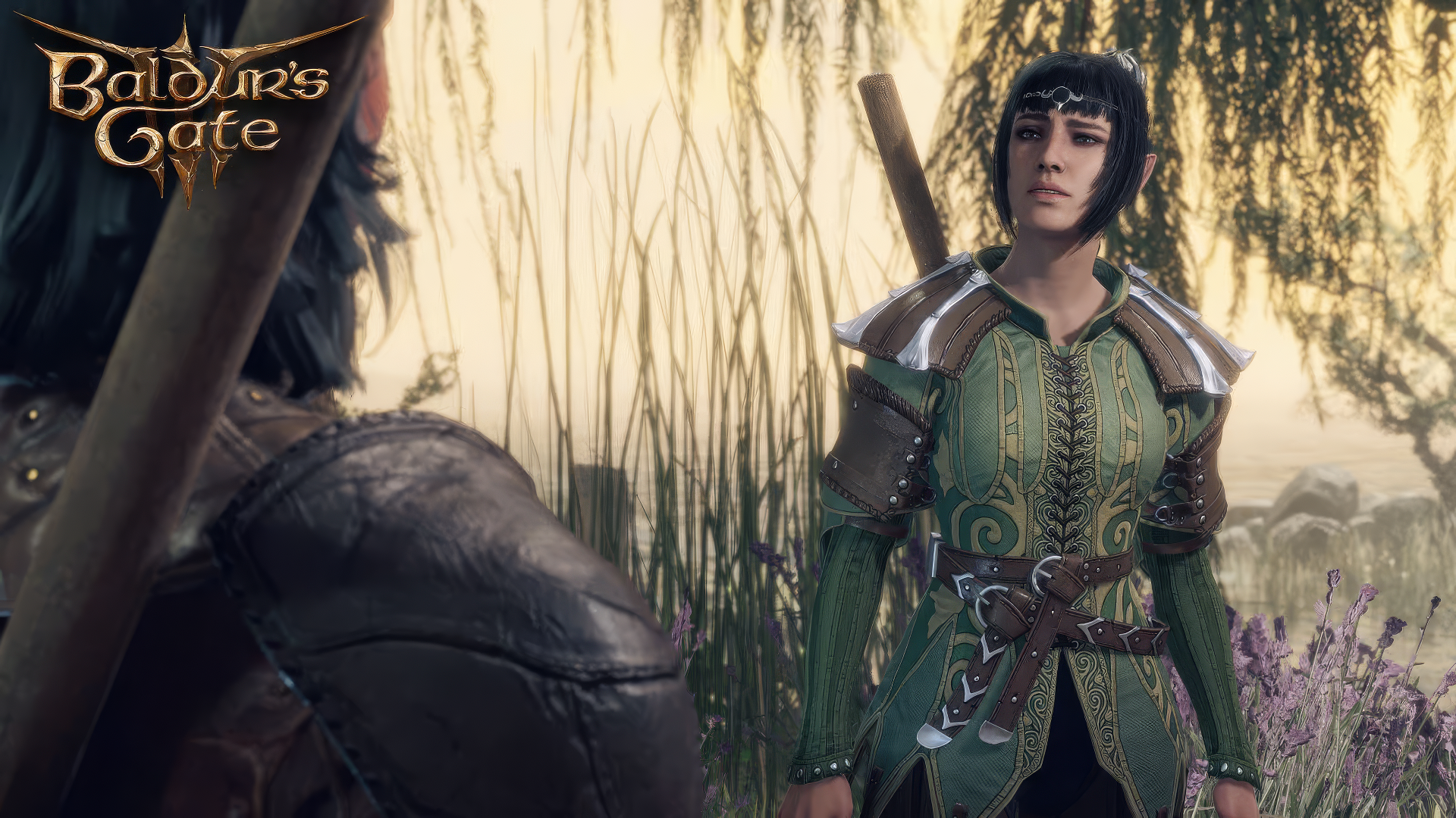 Shadowheart character from Baldur's Gate 3 video game featured in HD desktop wallpaper with nature background.