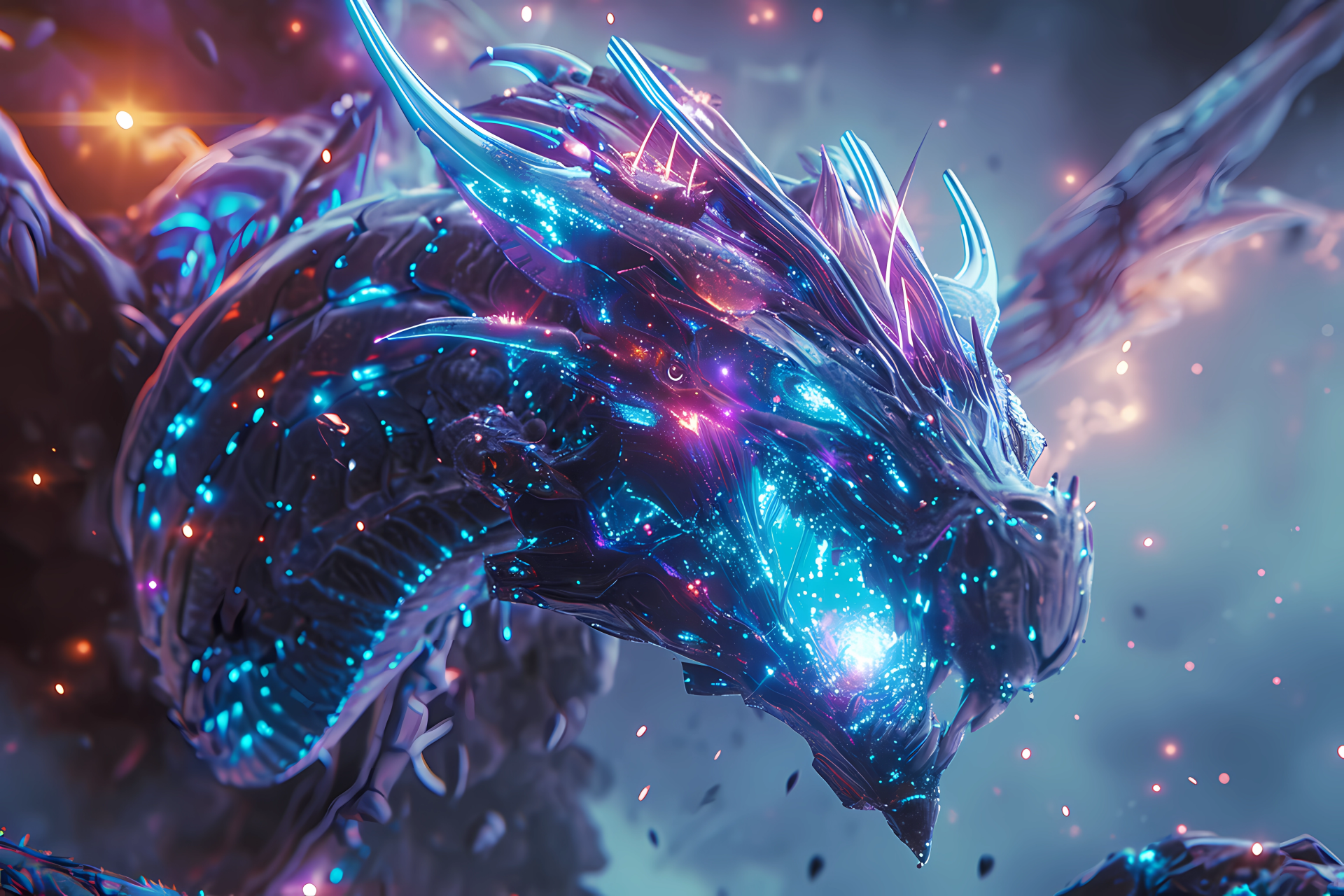 A vibrant 4K Ultra HD sci-fi cybernetic dragon rendered with AI art, featuring glowing blue and purple circuitry and metallic textures in a futuristic setting.