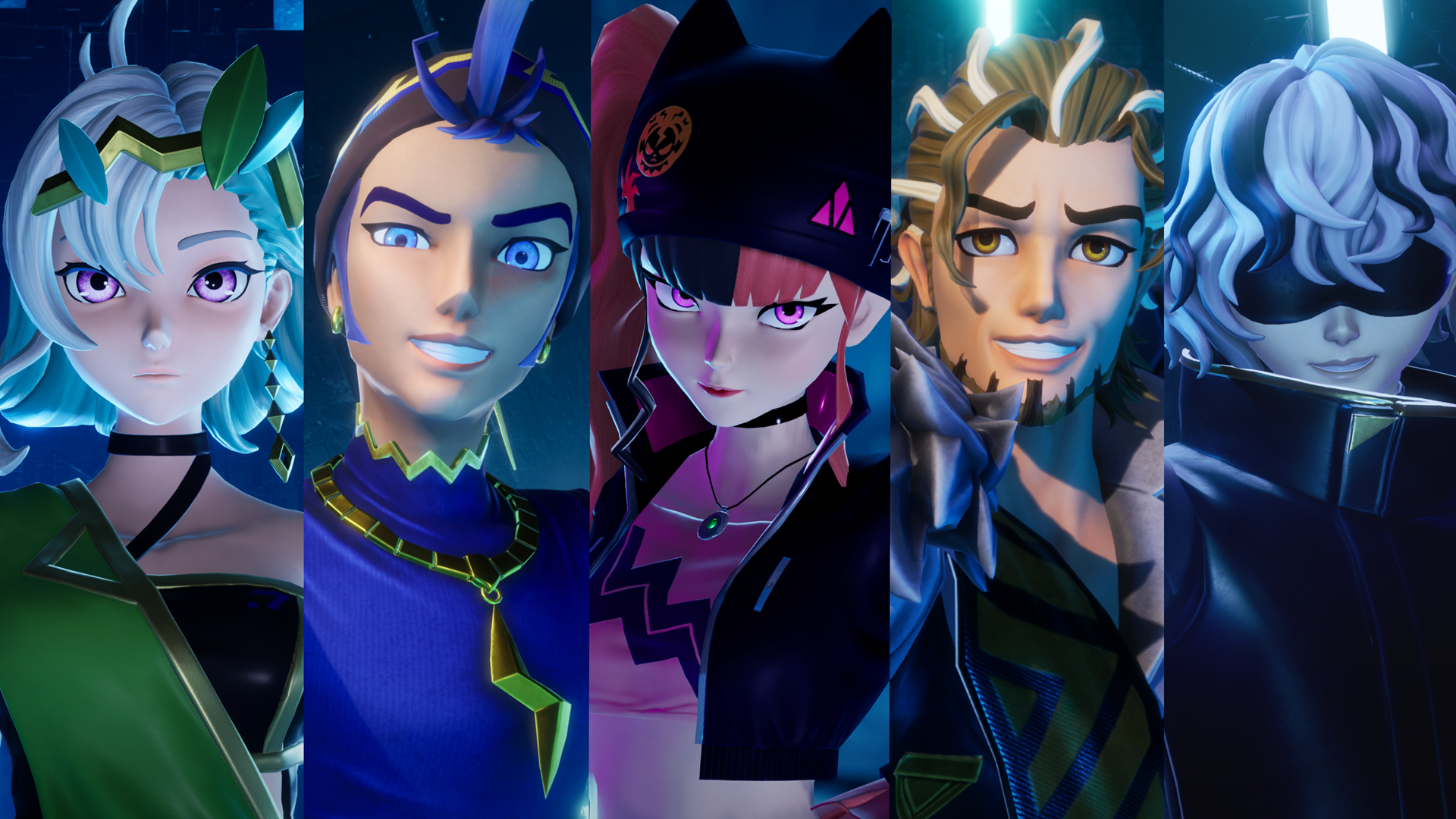 Vibrant HD desktop wallpaper featuring characters from the video game Palworld, showcasing a diverse lineup of unique and stylish characters in a dynamic arrangement.