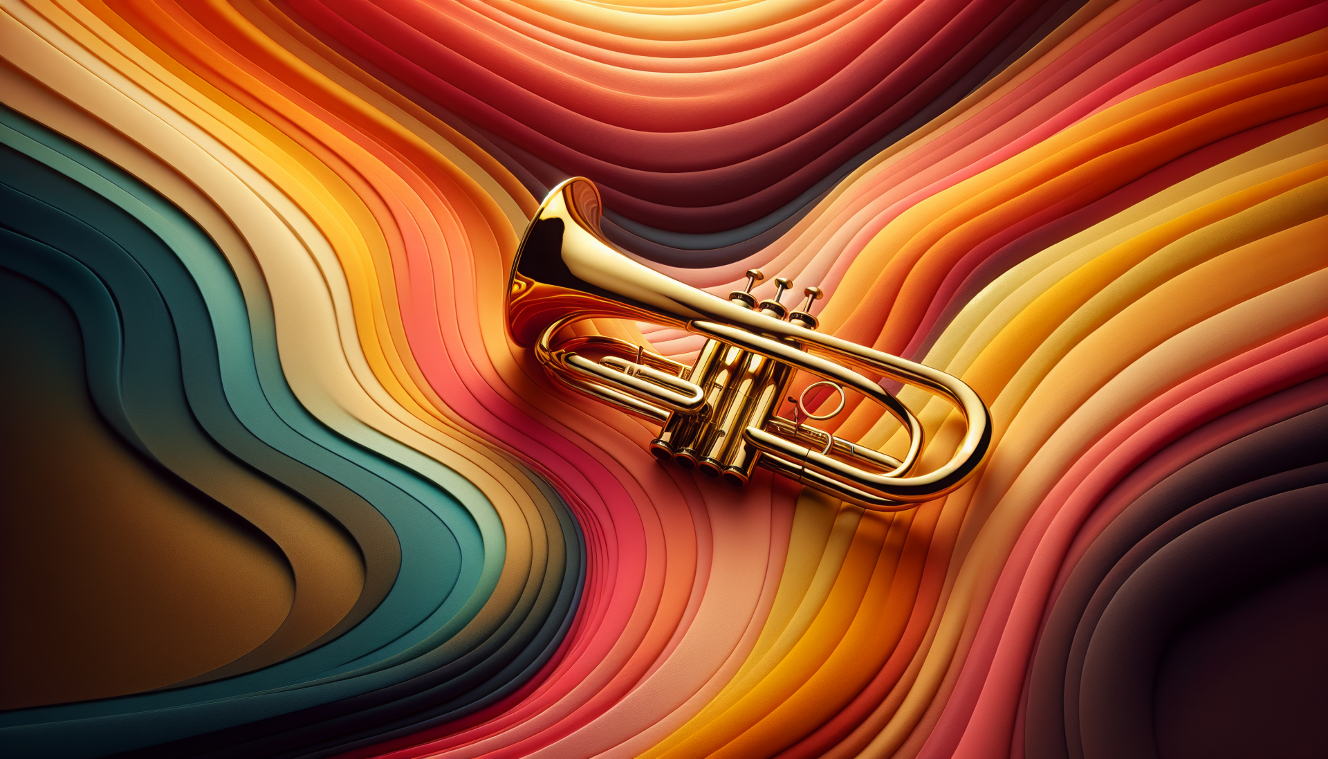 Shiny trumpet on a swirling multicolored abstract background, HD desktop wallpaper.